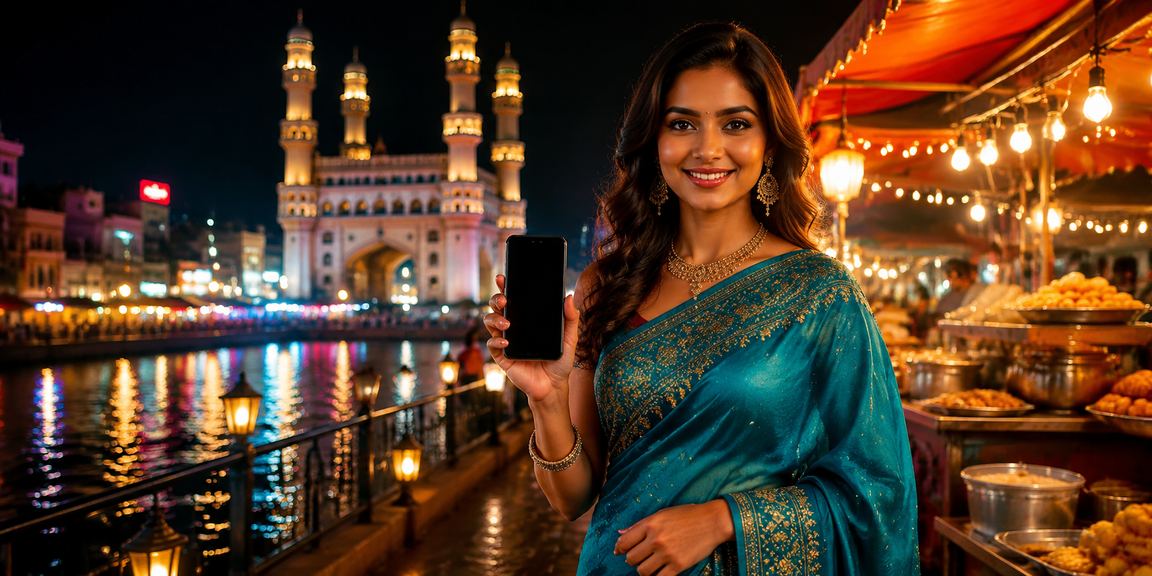 Woman using mobile casino app near Charminar Hyderabad