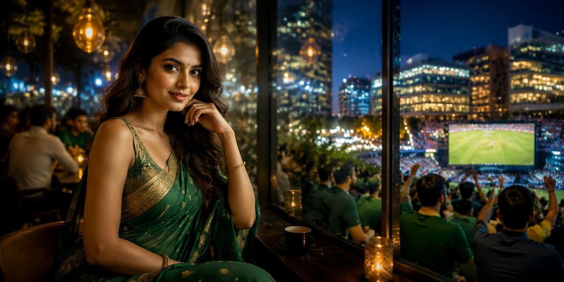 Indian woman enjoying cricket betting on mobile device